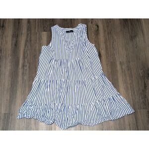 Pomander Place Blue White‎ Striped Sleeveless Tiered Casual Mini Dress L
